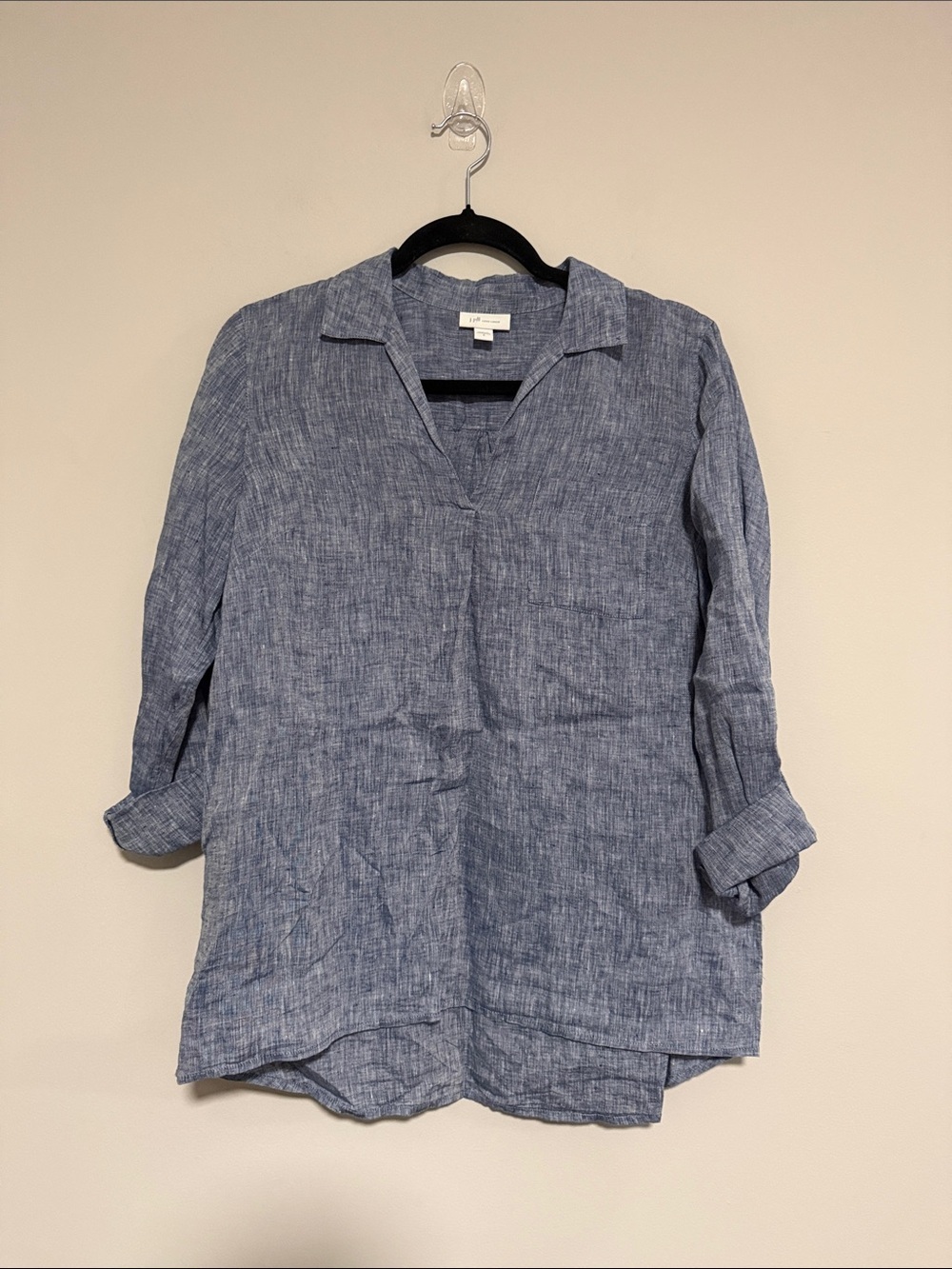 J. Jill Love Linen Blue Linen Popover Roll Tab Sleeve Top Size Small Coastal